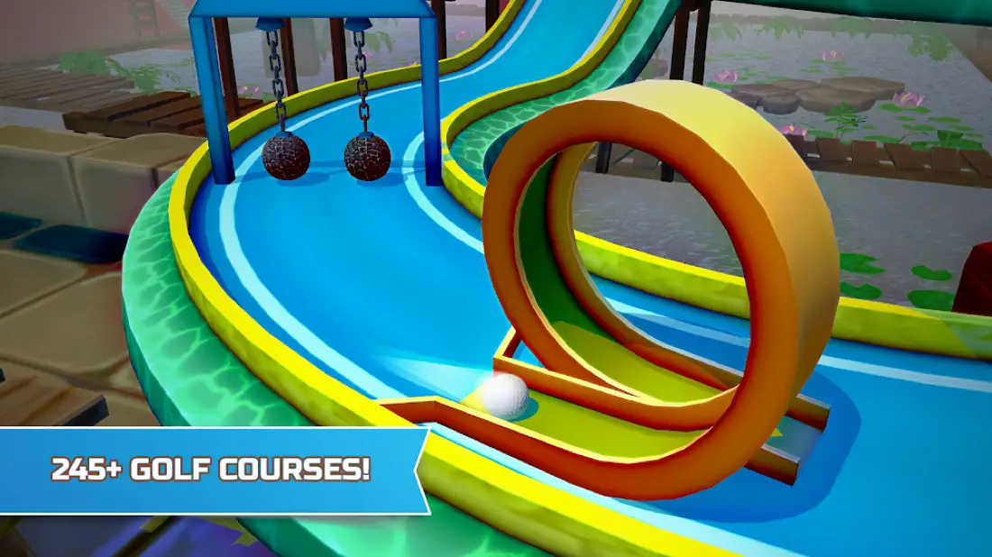 Percurso colorido de minigolfe em 3D com loop laranja